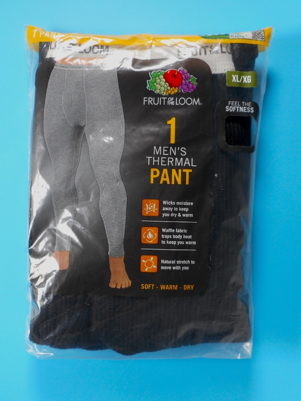 Fruit of the Loom Mens XL BLACK Thermal Pant Bottom Soft Waffle NEW
